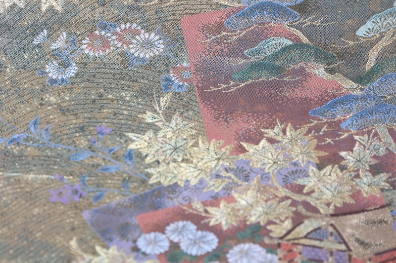 Fukuro obi (formal sash) - Gold, Purple, Coral, Green, Brown - Taikobashi Bridge, Imperial Carriage, Flowers, Waves - R101