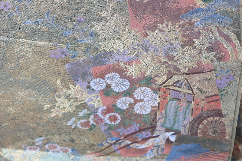 Fukuro obi (formal sash) - Gold, Purple, Coral, Green, Brown - Taikobashi Bridge, Imperial Carriage, Flowers, Waves - R101