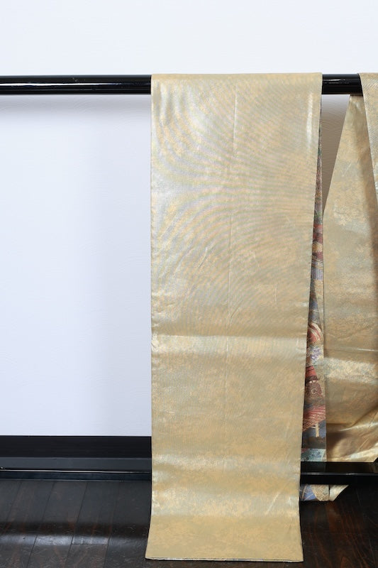 Fukuro obi (formal sash) - Gold, Purple, Coral, Green, Brown - Taikobashi Bridge, Imperial Carriage, Flowers, Waves - R101