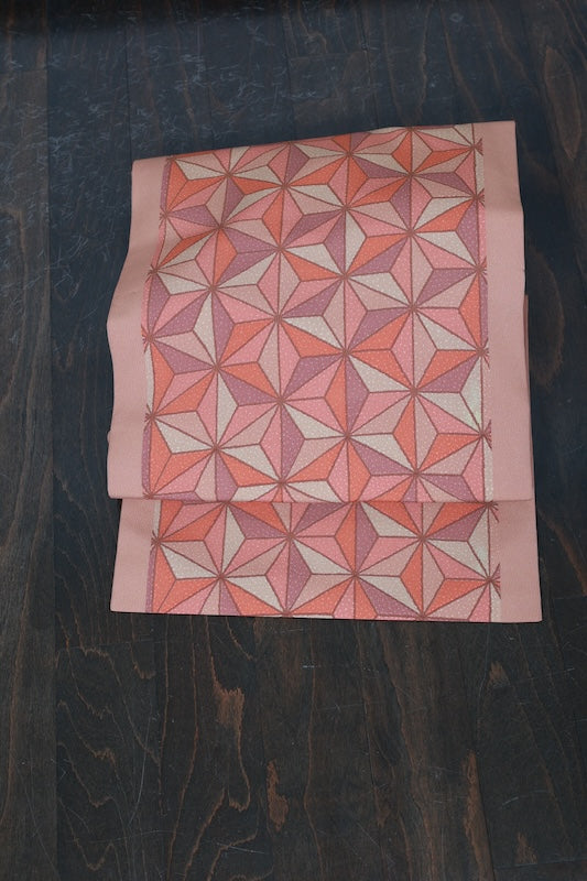 Nagoya obi (used sash) - Beige, coral, purple, hemp leaf pattern - R99