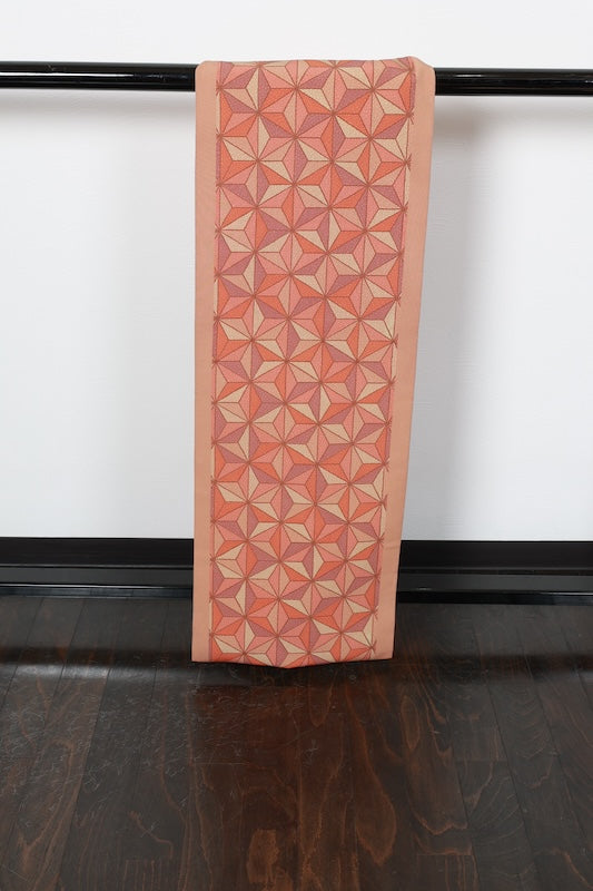 Nagoya obi (used sash) - Beige, coral, purple, hemp leaf pattern - R99