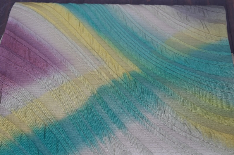 New, unstitched fukuro obi ( sash), green, mustard, purple, gray, raised weave, R98