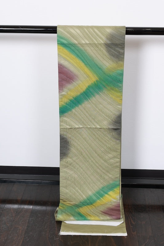 New, unstitched fukuro obi ( sash), green, mustard, purple, gray, raised weave, R98