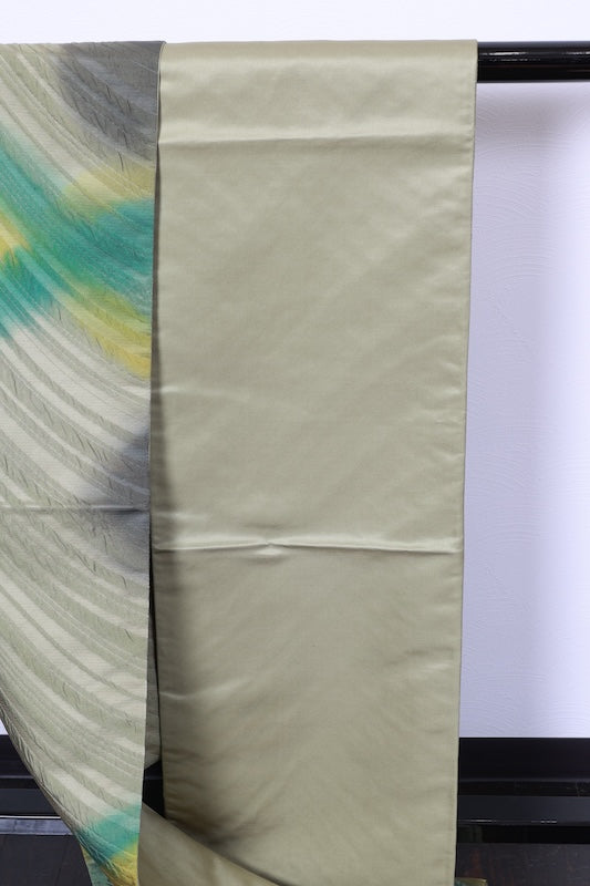 New, unstitched fukuro obi ( sash), green, mustard, purple, gray, raised weave, R98