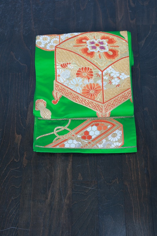 Fukuro obi (formal used sash) - Green, Gold, Purple, Coral Red, Tang-style weave, Document Box pattern, Knot design, R97