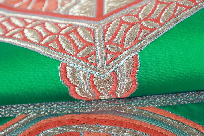 Fukuro obi (formal used sash) - Green, Gold, Purple, Coral Red, Tang-style weave, Document Box pattern, Knot design, R97