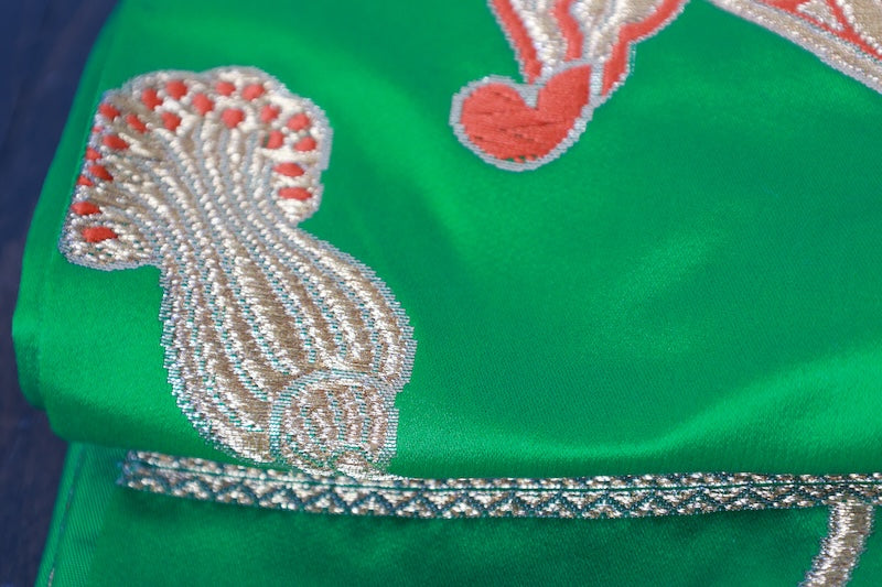 Fukuro obi (formal used sash) - Green, Gold, Purple, Coral Red, Tang-style weave, Document Box pattern, Knot design, R97