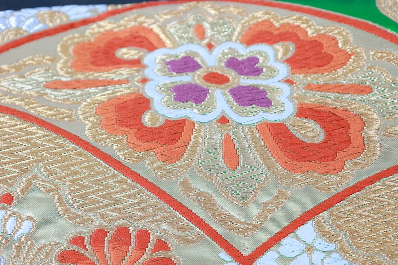 Fukuro obi (formal used sash) - Green, Gold, Purple, Coral Red, Tang-style weave, Document Box pattern, Knot design, R97