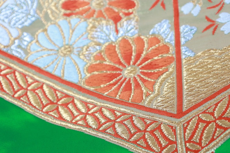 Fukuro obi (formal used sash) - Green, Gold, Purple, Coral Red, Tang-style weave, Document Box pattern, Knot design, R97