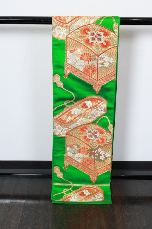 Fukuro obi (formal used sash) - Green, Gold, Purple, Coral Red, Tang-style weave, Document Box pattern, Knot design, R97