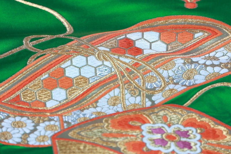 Fukuro obi (formal used sash) - Green, Gold, Purple, Coral Red, Tang-style weave, Document Box pattern, Knot design, R97