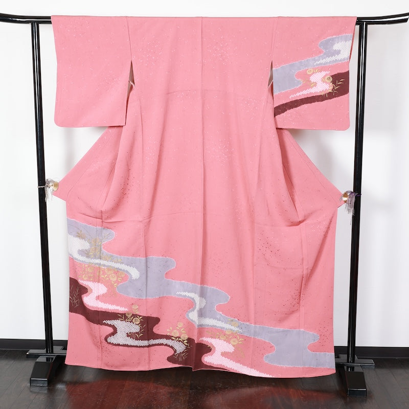 Japanese kimono used <houmongi> Lsize  silk 100% /T401