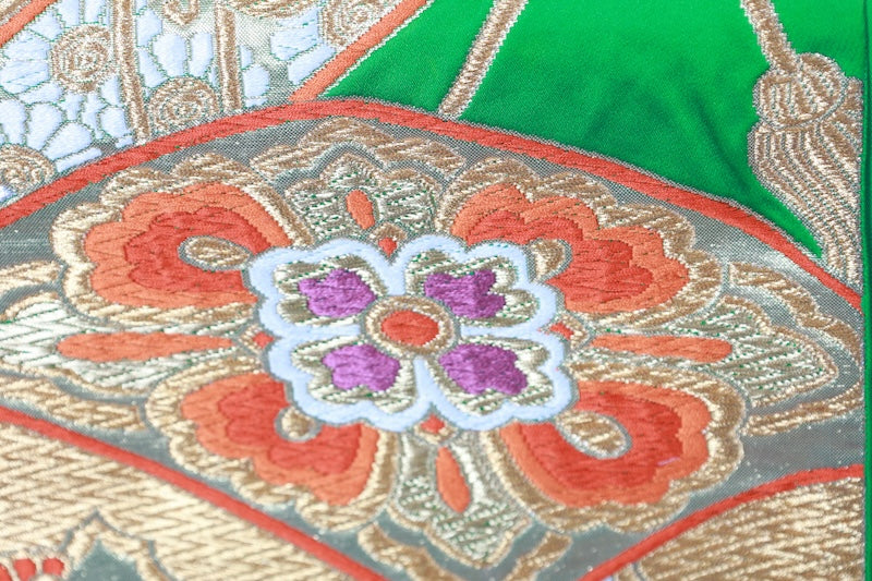 Fukuro obi (formal used sash) - Green, Gold, Purple, Coral Red, Tang-style weave, Document Box pattern, Knot design, R97