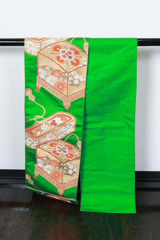 Fukuro obi (formal used sash) - Green, Gold, Purple, Coral Red, Tang-style weave, Document Box pattern, Knot design, R97
