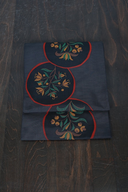 Fukuro Obi (used sash) by Kiyata, gray, red, brown, green, floral pattern, round design, R96