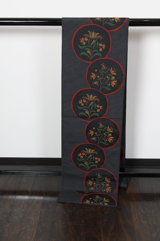 Fukuro Obi (used sash) by Kiyata, gray, red, brown, green, floral pattern, round design, R96