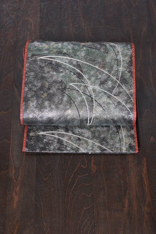 Fukuro obi (formal used sash) - Silver, Gold, Bronze, Black, Red, Geometric pattern - R107
