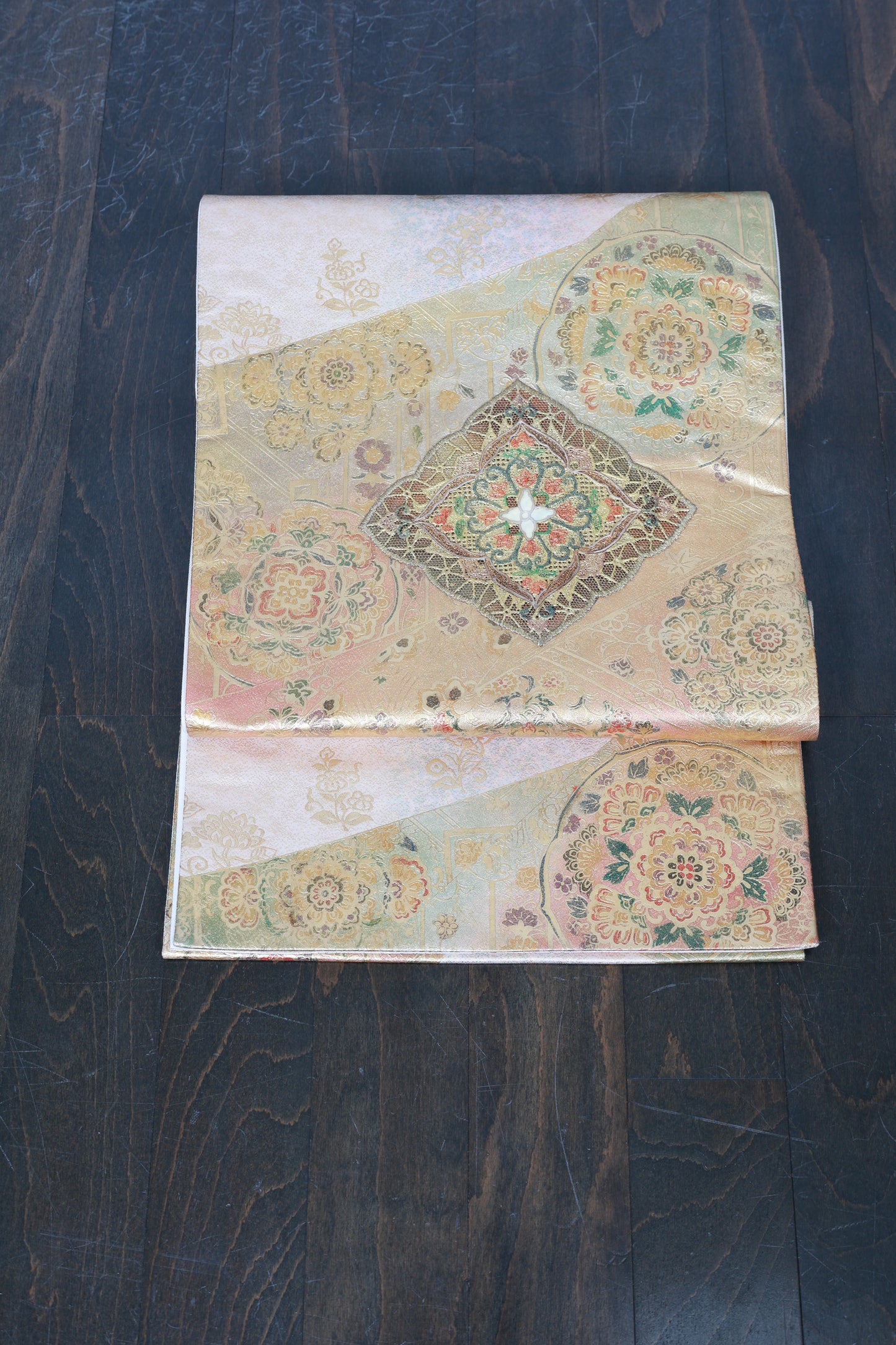 Fukuro Obi (formal used sash), gold-embossed leather, mother-of-pearl inlay, gold, green, brown, Shosoin pattern, R135