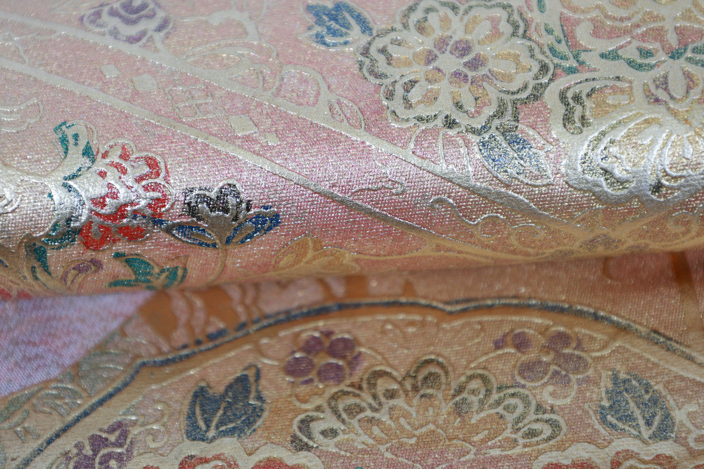 Fukuro Obi (formal used sash), gold-embossed leather, mother-of-pearl inlay, gold, green, brown, Shosoin pattern, R135