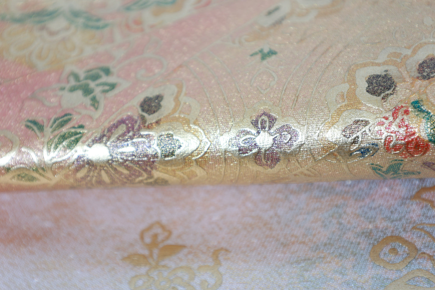 Fukuro Obi (formal used sash), gold-embossed leather, mother-of-pearl inlay, gold, green, brown, Shosoin pattern, R135