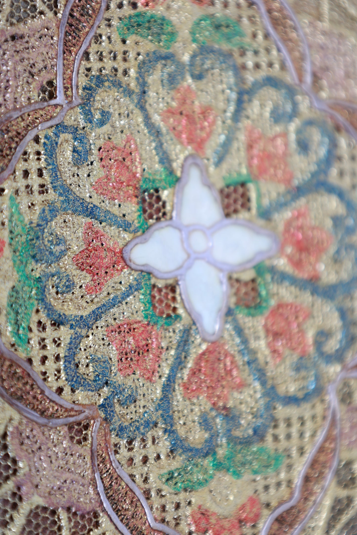 Fukuro Obi (formal used sash), gold-embossed leather, mother-of-pearl inlay, gold, green, brown, Shosoin pattern, R135