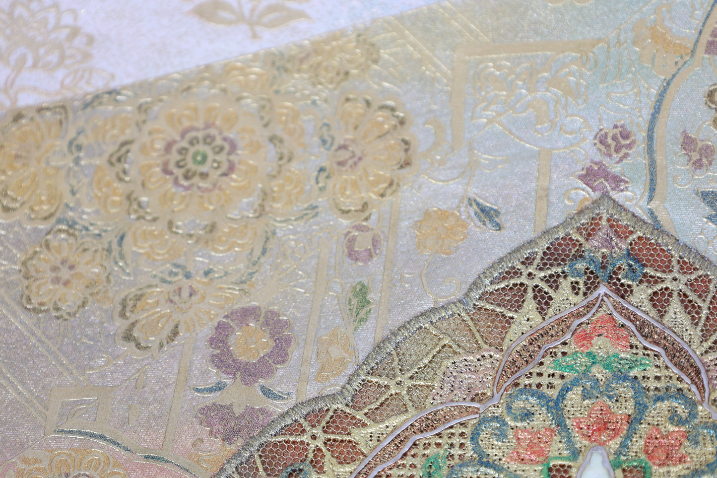 Fukuro Obi (formal used sash), gold-embossed leather, mother-of-pearl inlay, gold, green, brown, Shosoin pattern, R135