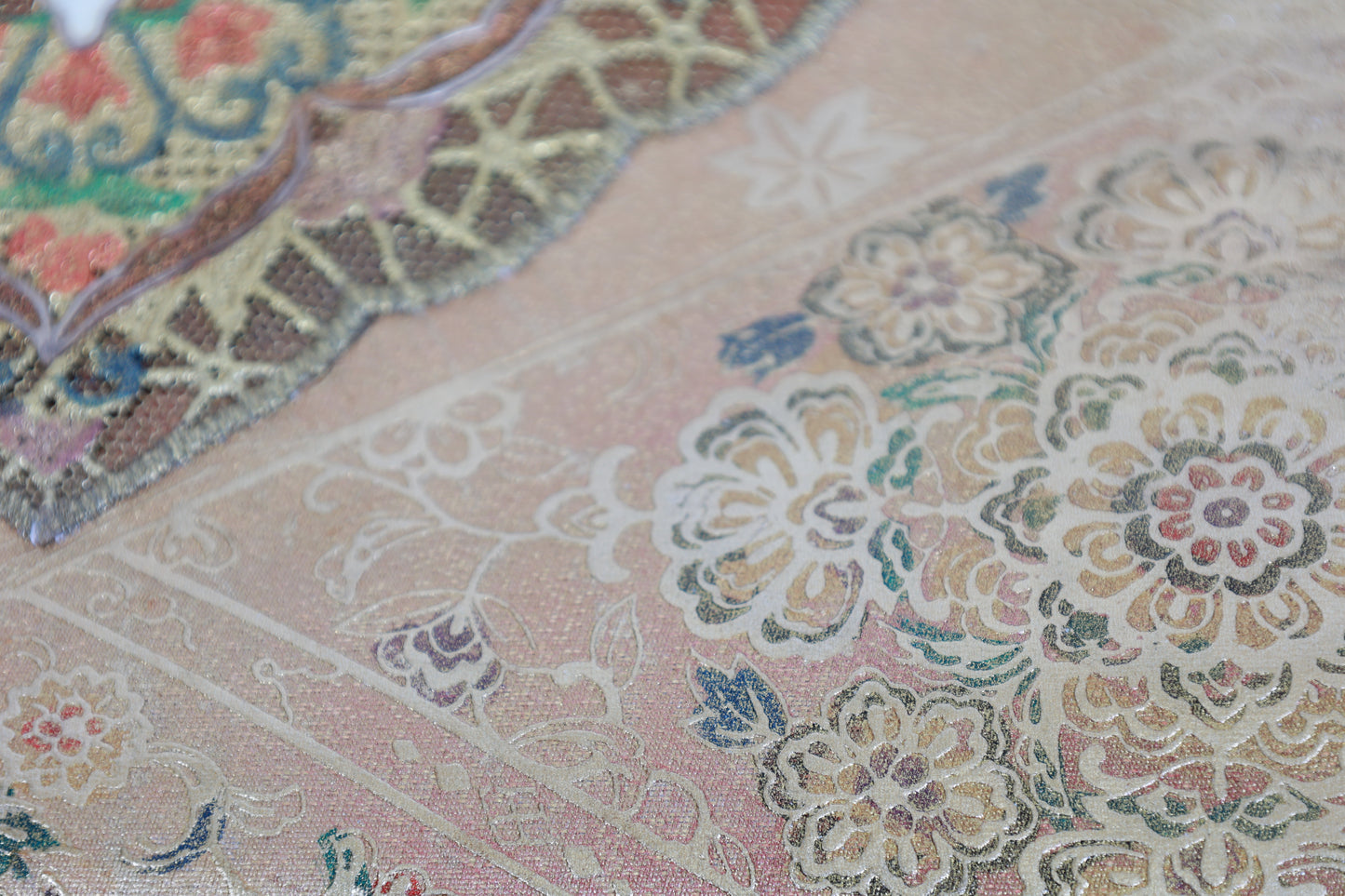 Fukuro Obi (formal used sash), gold-embossed leather, mother-of-pearl inlay, gold, green, brown, Shosoin pattern, R135