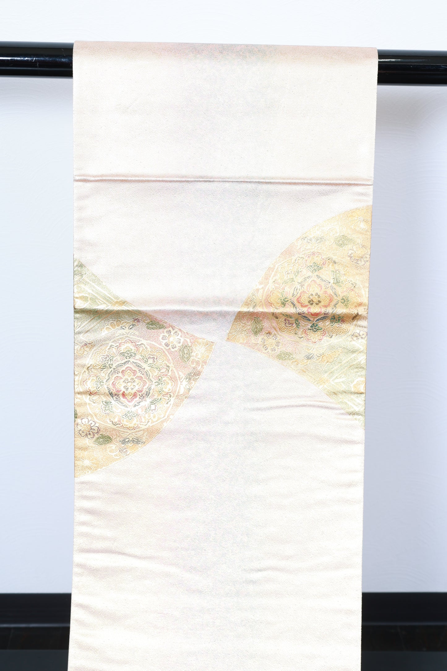 Fukuro Obi (formal used sash), gold-embossed leather, mother-of-pearl inlay, gold, green, brown, Shosoin pattern, R135
