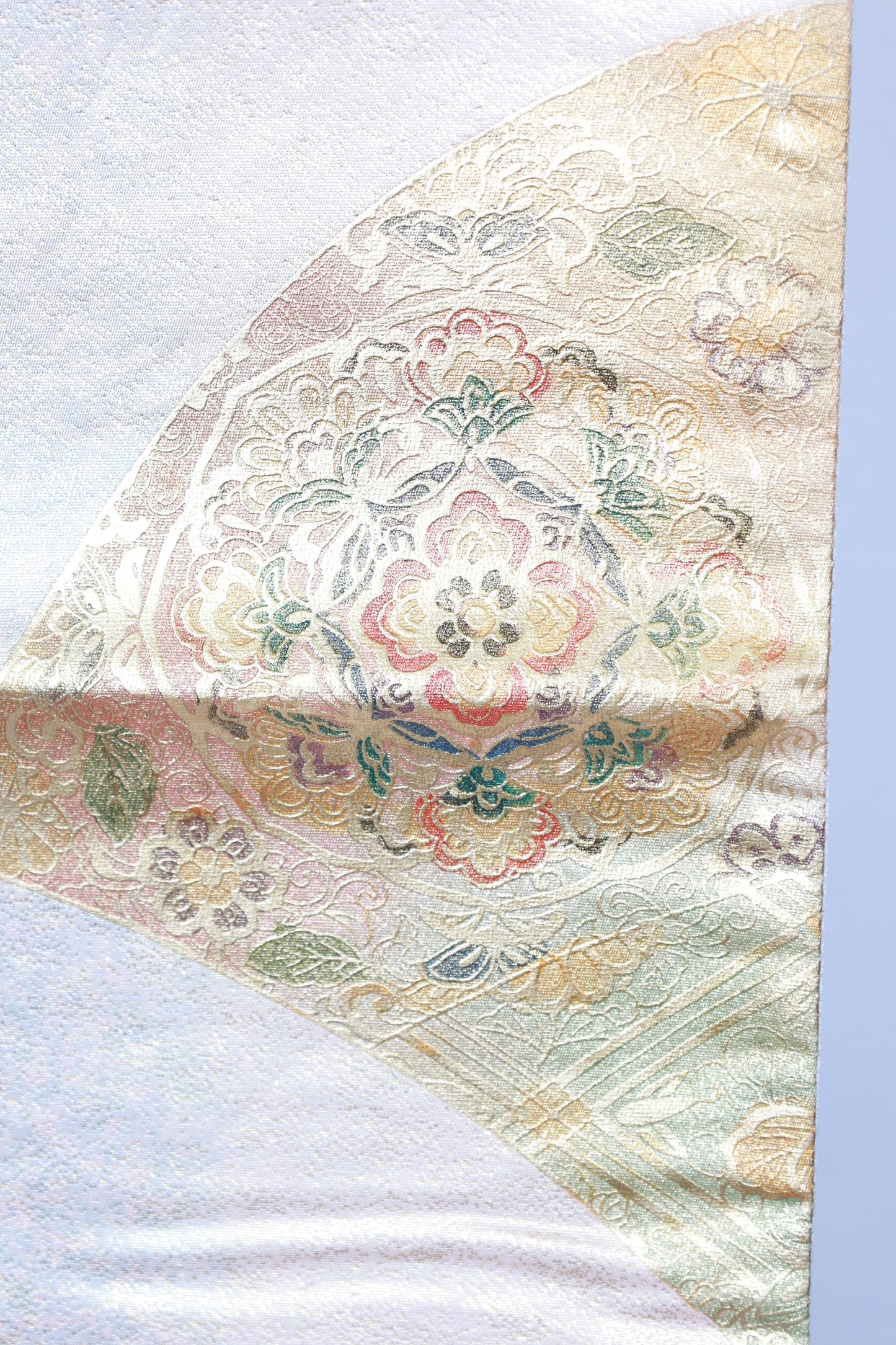 Fukuro Obi (formal used sash), gold-embossed leather, mother-of-pearl inlay, gold, green, brown, Shosoin pattern, R135