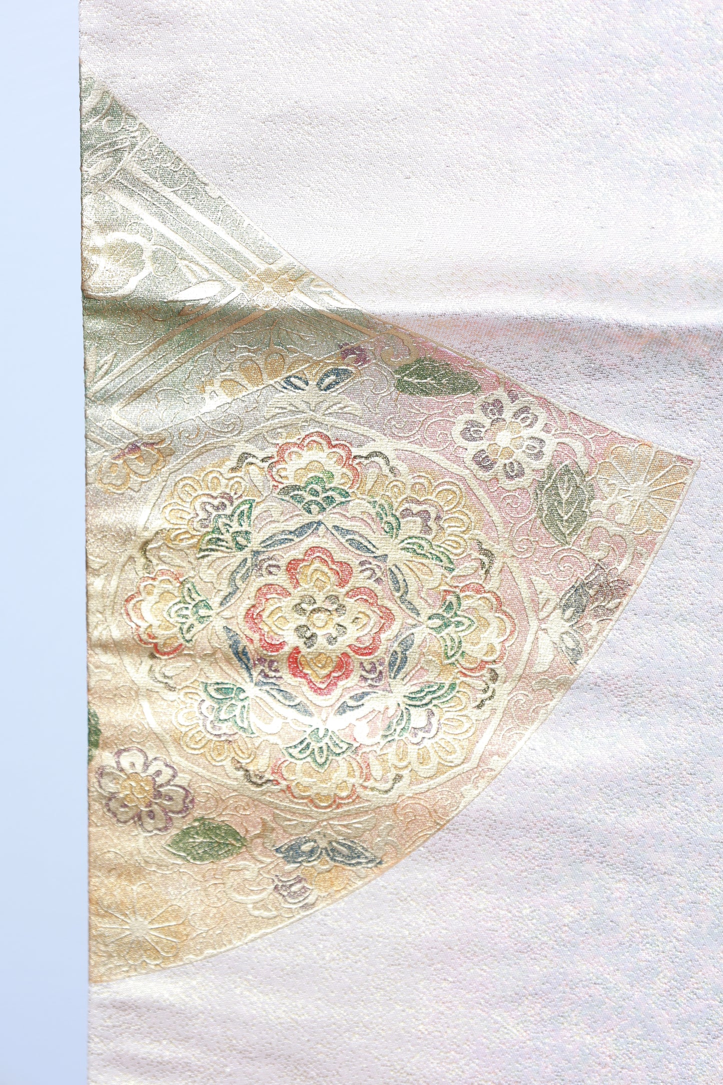 Fukuro Obi (formal used sash), gold-embossed leather, mother-of-pearl inlay, gold, green, brown, Shosoin pattern, R135