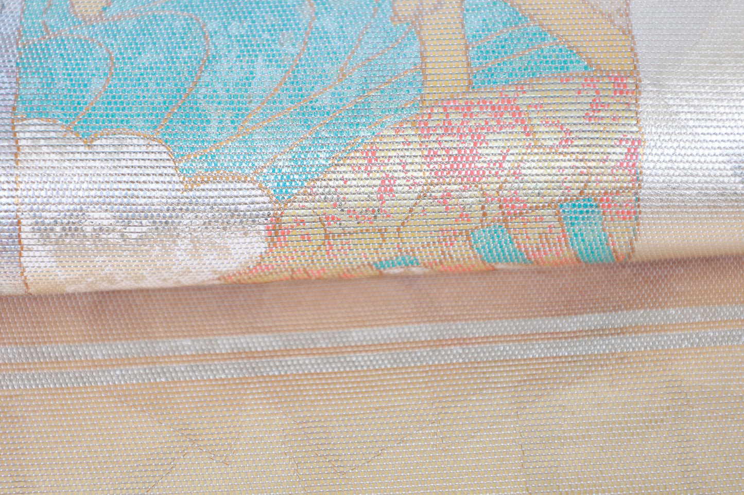 Fukuro Obi (formal used sash) - Gold, Blue, Pearl, Mother-of-pearl inlay, Gold leaf, Cut foil, Crane, Flower, Wave - R118