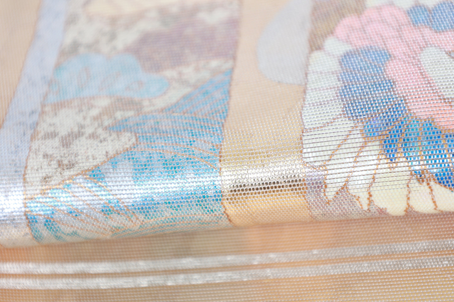 Fukuro Obi (formal used sash) - Gold, Blue, Pearl, Mother-of-pearl inlay, Gold leaf, Cut foil, Crane, Flower, Wave - R118
