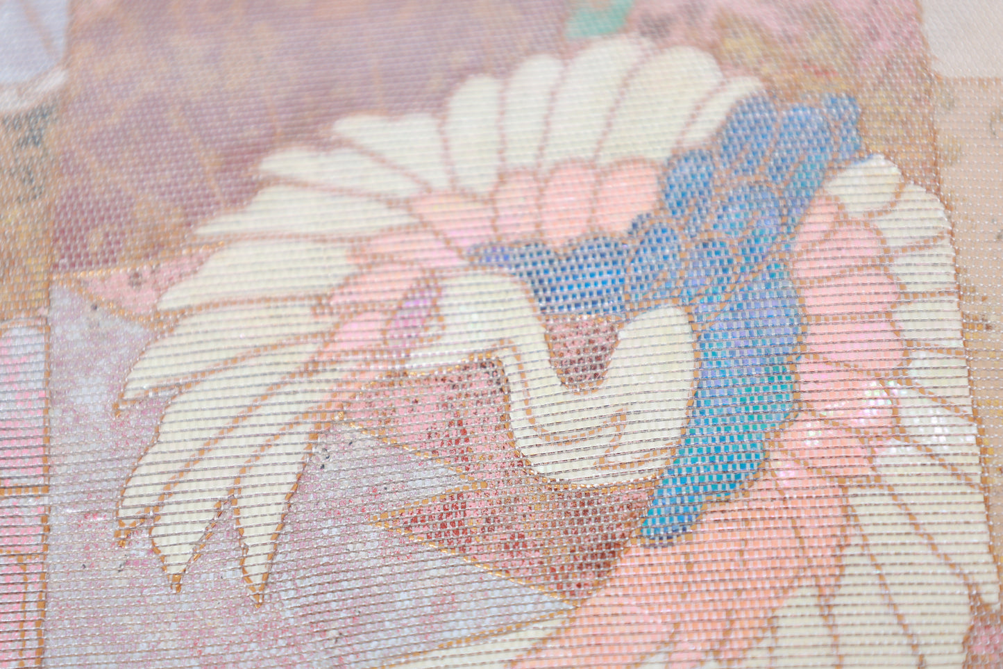 Fukuro Obi (formal used sash) - Gold, Blue, Pearl, Mother-of-pearl inlay, Gold leaf, Cut foil, Crane, Flower, Wave - R118