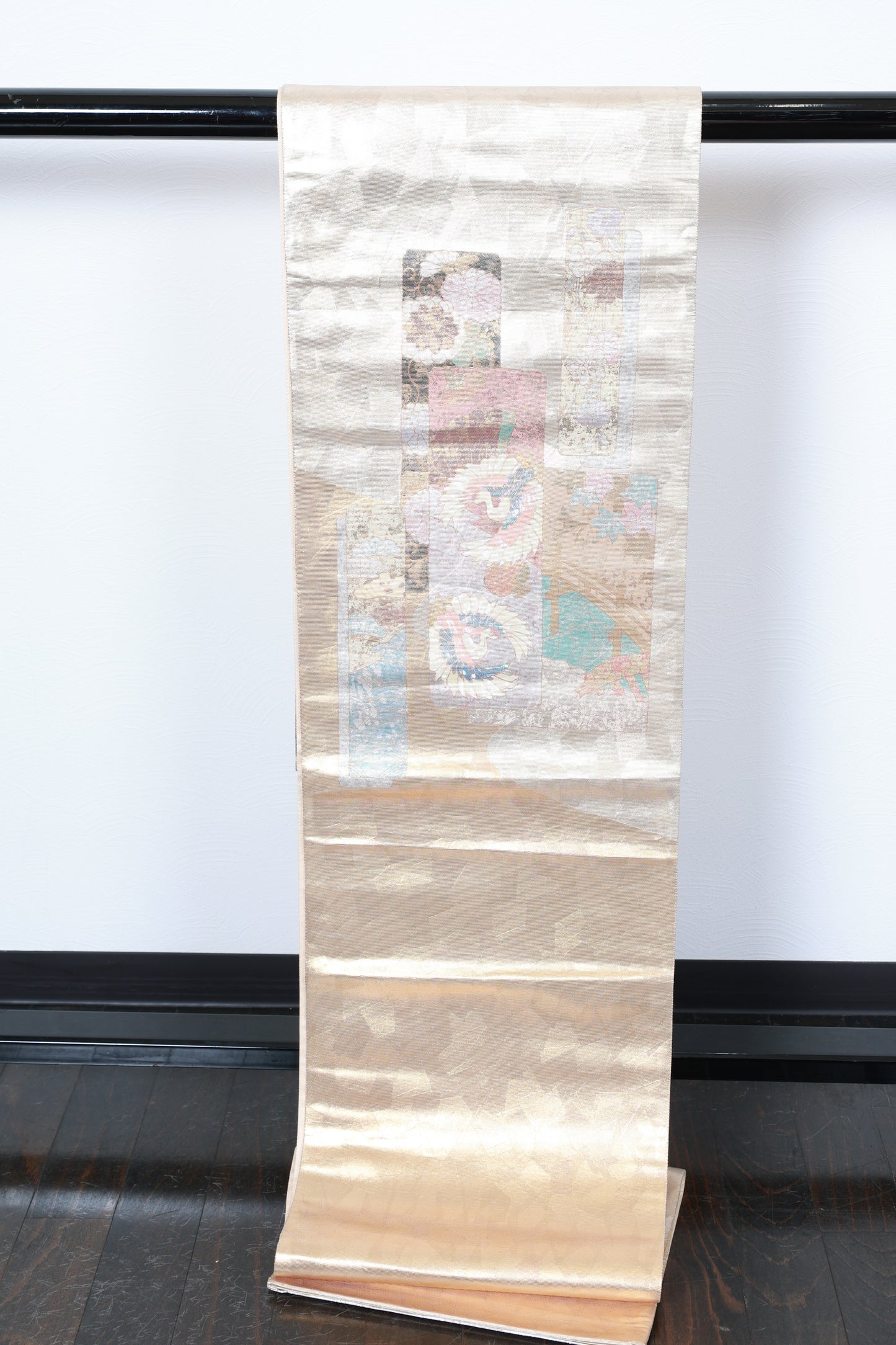 Fukuro Obi (formal used sash) - Gold, Blue, Pearl, Mother-of-pearl inlay, Gold leaf, Cut foil, Crane, Flower, Wave - R118