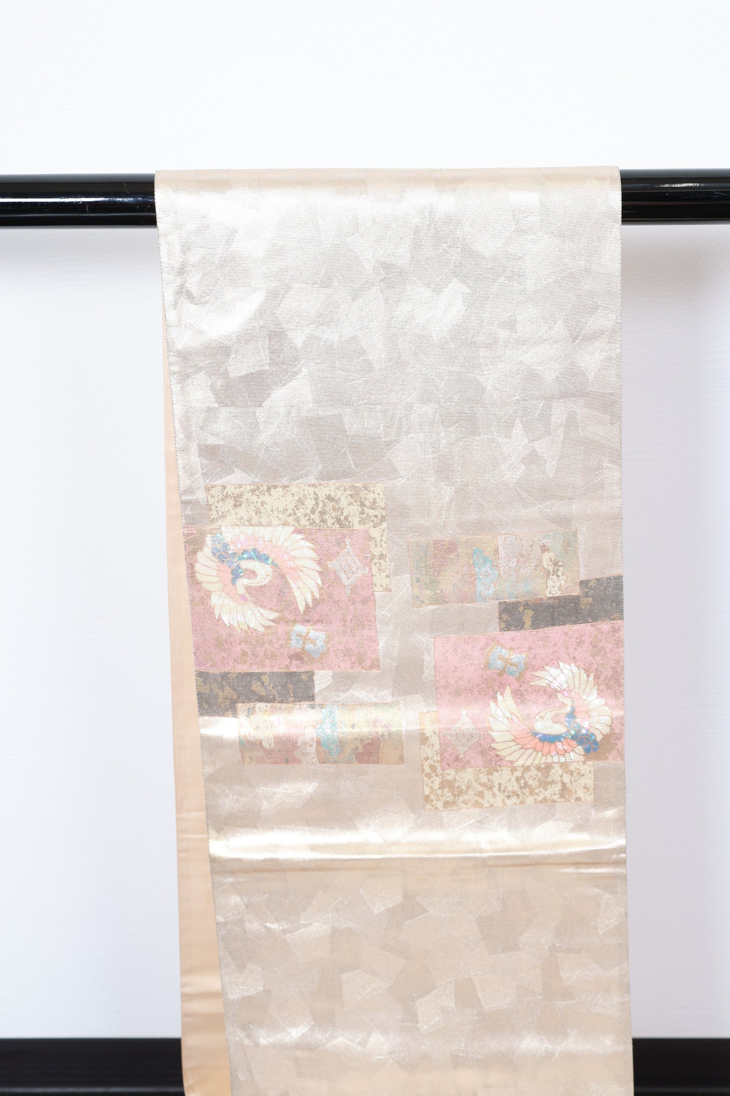 Fukuro Obi (formal used sash) - Gold, Blue, Pearl, Mother-of-pearl inlay, Gold leaf, Cut foil, Crane, Flower, Wave - R118