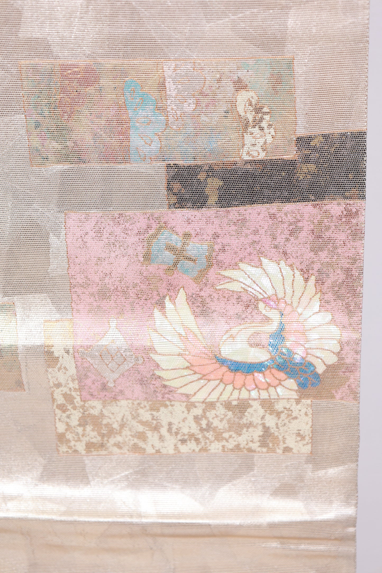 Fukuro Obi (formal used sash) - Gold, Blue, Pearl, Mother-of-pearl inlay, Gold leaf, Cut foil, Crane, Flower, Wave - R118