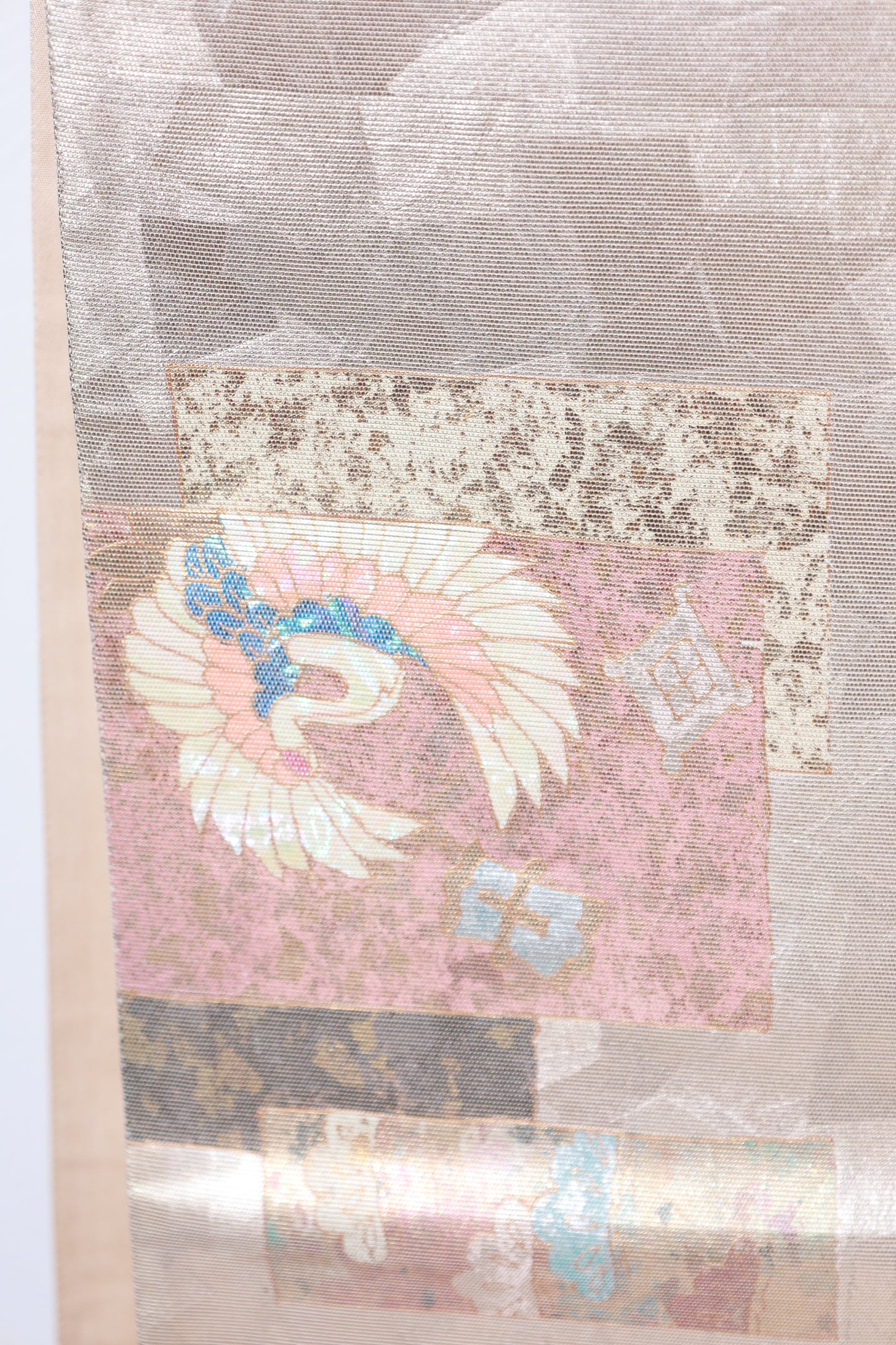 Fukuro Obi (formal used sash) - Gold, Blue, Pearl, Mother-of-pearl inlay, Gold leaf, Cut foil, Crane, Flower, Wave - R118