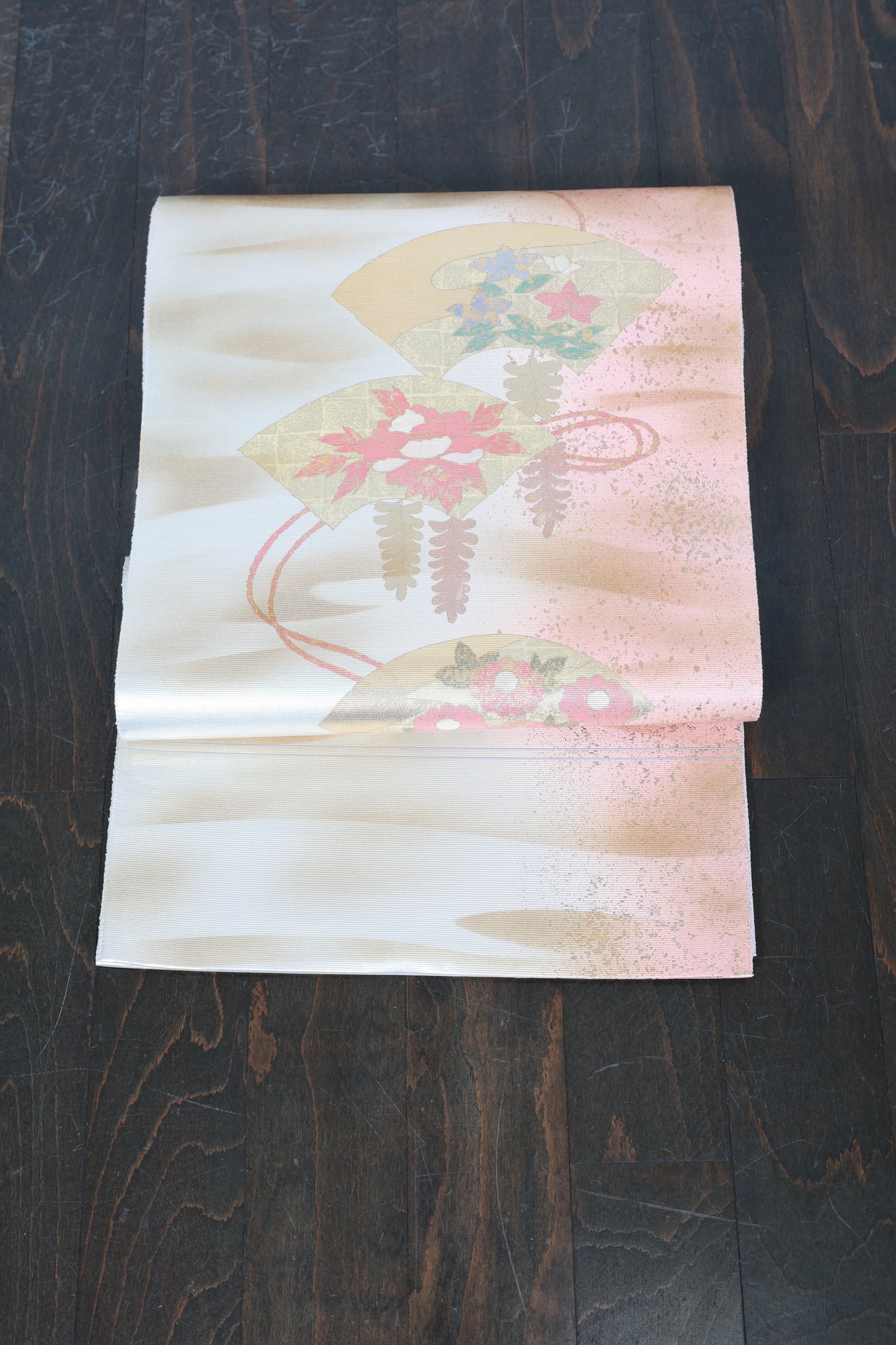 Fukuro obi (used sash) - Silver, Gold, Cherry Blossom Pink, Coral Pink, Blue, Green - Gold Leaf, Mother-of-Pearl Inlay, Fan, Flower - R131