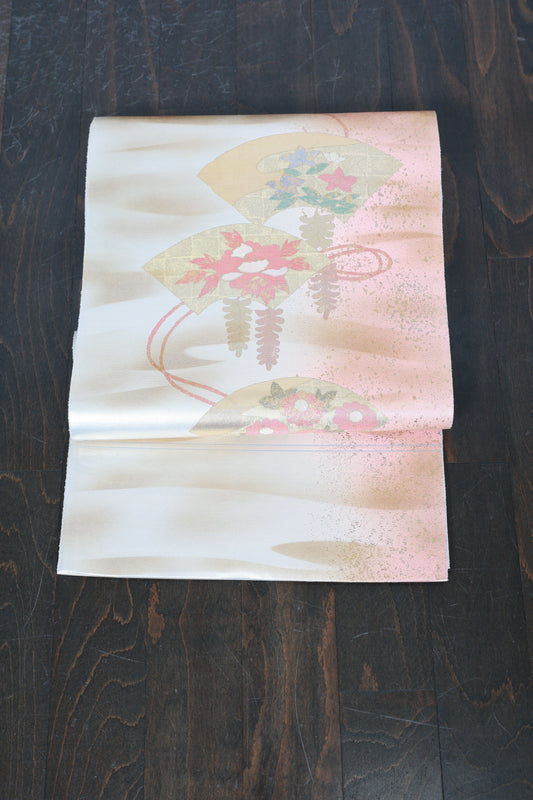 Fukuro obi (used sash) - Silver, Gold, Cherry Blossom Pink, Coral Pink, Blue, Green - Gold Leaf, Mother-of-Pearl Inlay, Fan, Flower - R131