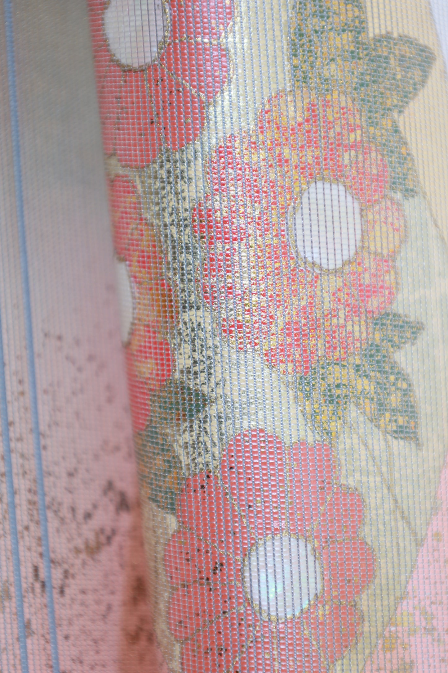 Fukuro obi (used sash) - Silver, Gold, Cherry Blossom Pink, Coral Pink, Blue, Green - Gold Leaf, Mother-of-Pearl Inlay, Fan, Flower - R131
