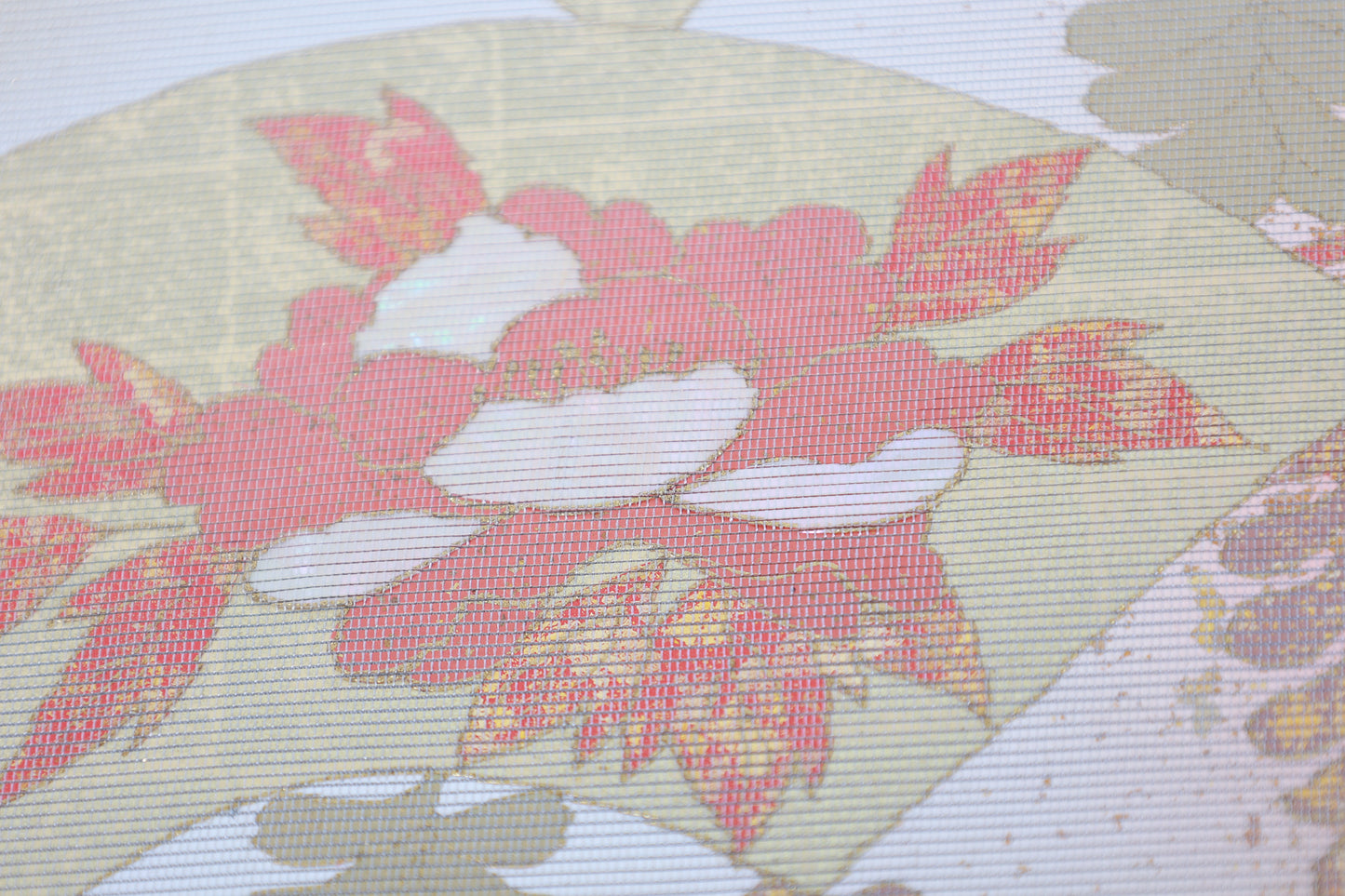 Fukuro obi (used sash) - Silver, Gold, Cherry Blossom Pink, Coral Pink, Blue, Green - Gold Leaf, Mother-of-Pearl Inlay, Fan, Flower - R131