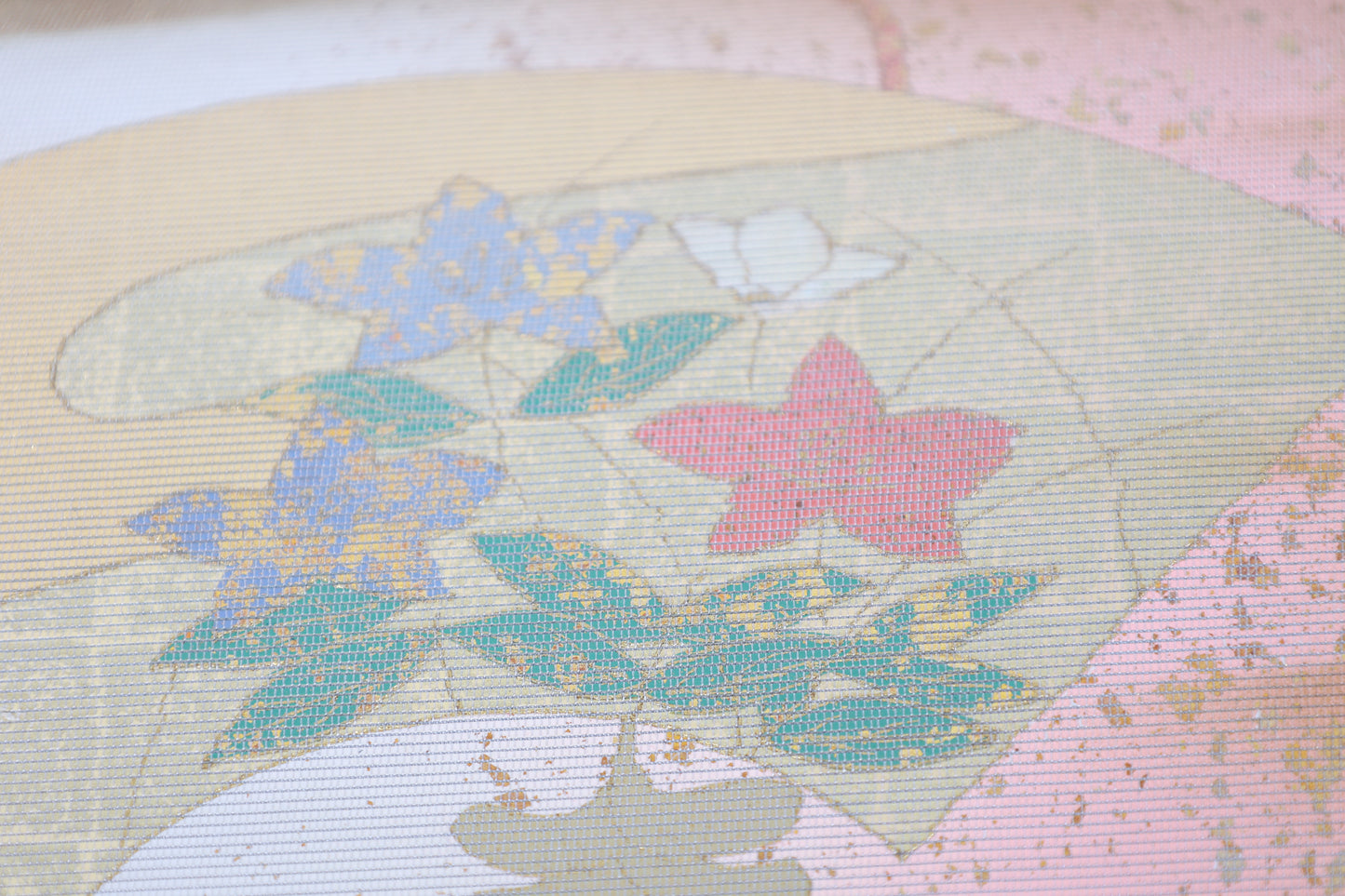 Fukuro obi (used sash) - Silver, Gold, Cherry Blossom Pink, Coral Pink, Blue, Green - Gold Leaf, Mother-of-Pearl Inlay, Fan, Flower - R131