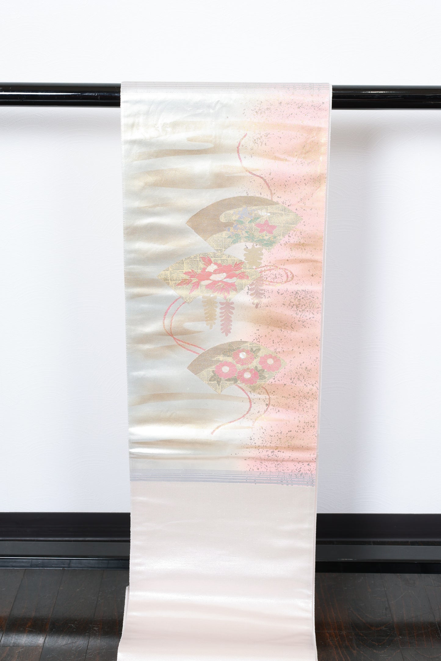 Fukuro obi (used sash) - Silver, Gold, Cherry Blossom Pink, Coral Pink, Blue, Green - Gold Leaf, Mother-of-Pearl Inlay, Fan, Flower - R131