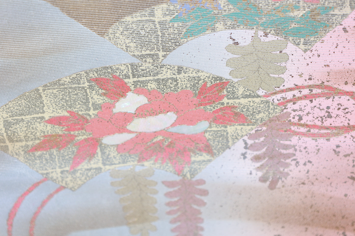 Fukuro obi (used sash) - Silver, Gold, Cherry Blossom Pink, Coral Pink, Blue, Green - Gold Leaf, Mother-of-Pearl Inlay, Fan, Flower - R131