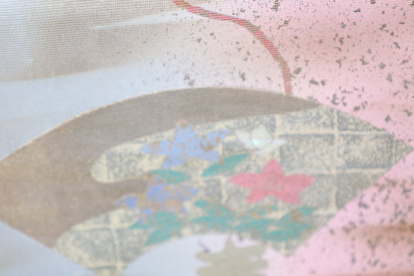 Fukuro obi (used sash) - Silver, Gold, Cherry Blossom Pink, Coral Pink, Blue, Green - Gold Leaf, Mother-of-Pearl Inlay, Fan, Flower - R131