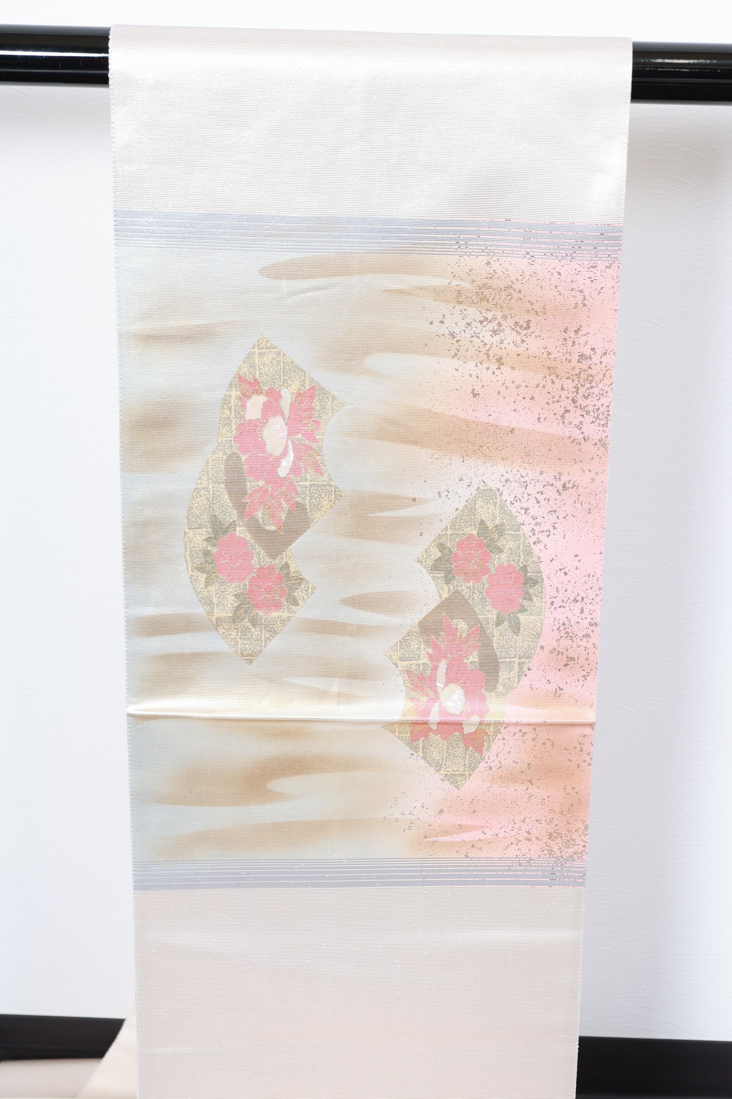 Fukuro obi (used sash) - Silver, Gold, Cherry Blossom Pink, Coral Pink, Blue, Green - Gold Leaf, Mother-of-Pearl Inlay, Fan, Flower - R131