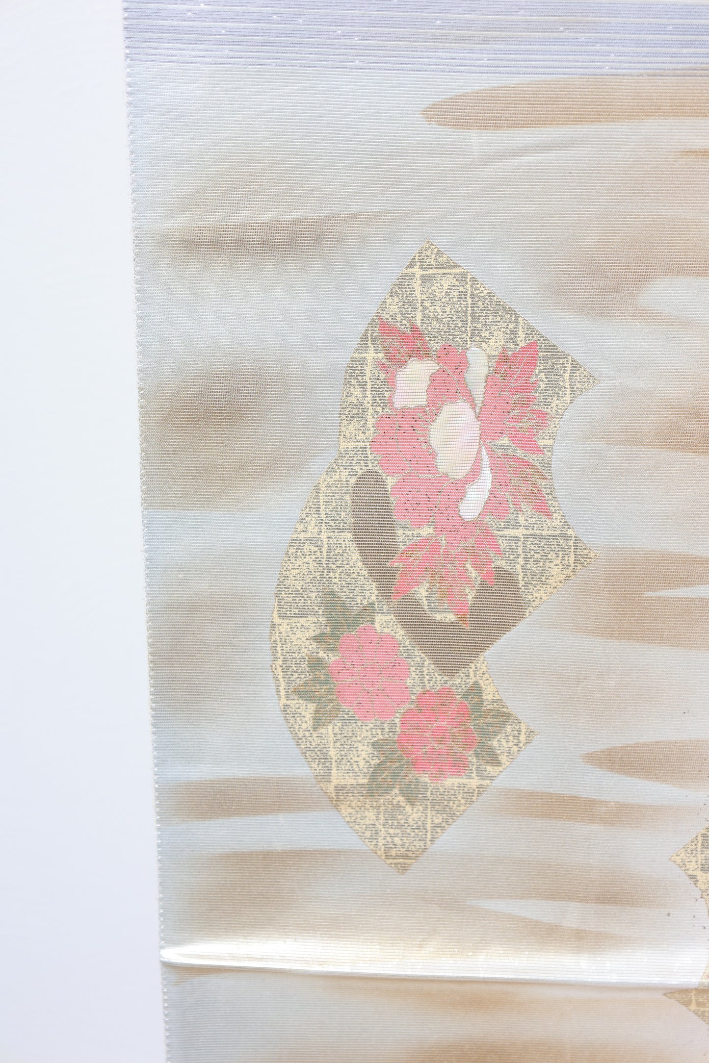 Fukuro obi (used sash) - Silver, Gold, Cherry Blossom Pink, Coral Pink, Blue, Green - Gold Leaf, Mother-of-Pearl Inlay, Fan, Flower - R131