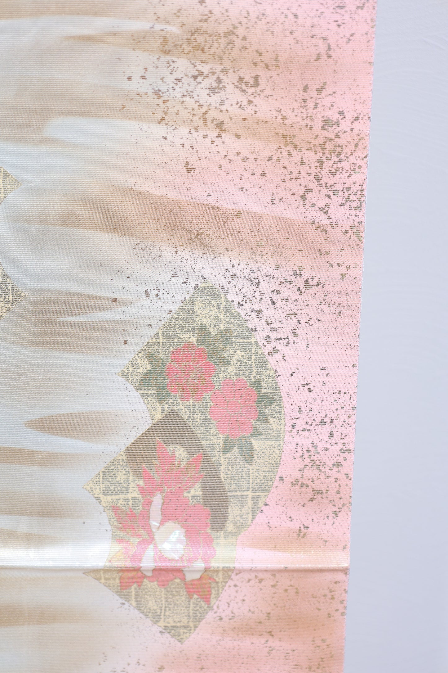 Fukuro obi (used sash) - Silver, Gold, Cherry Blossom Pink, Coral Pink, Blue, Green - Gold Leaf, Mother-of-Pearl Inlay, Fan, Flower - R131