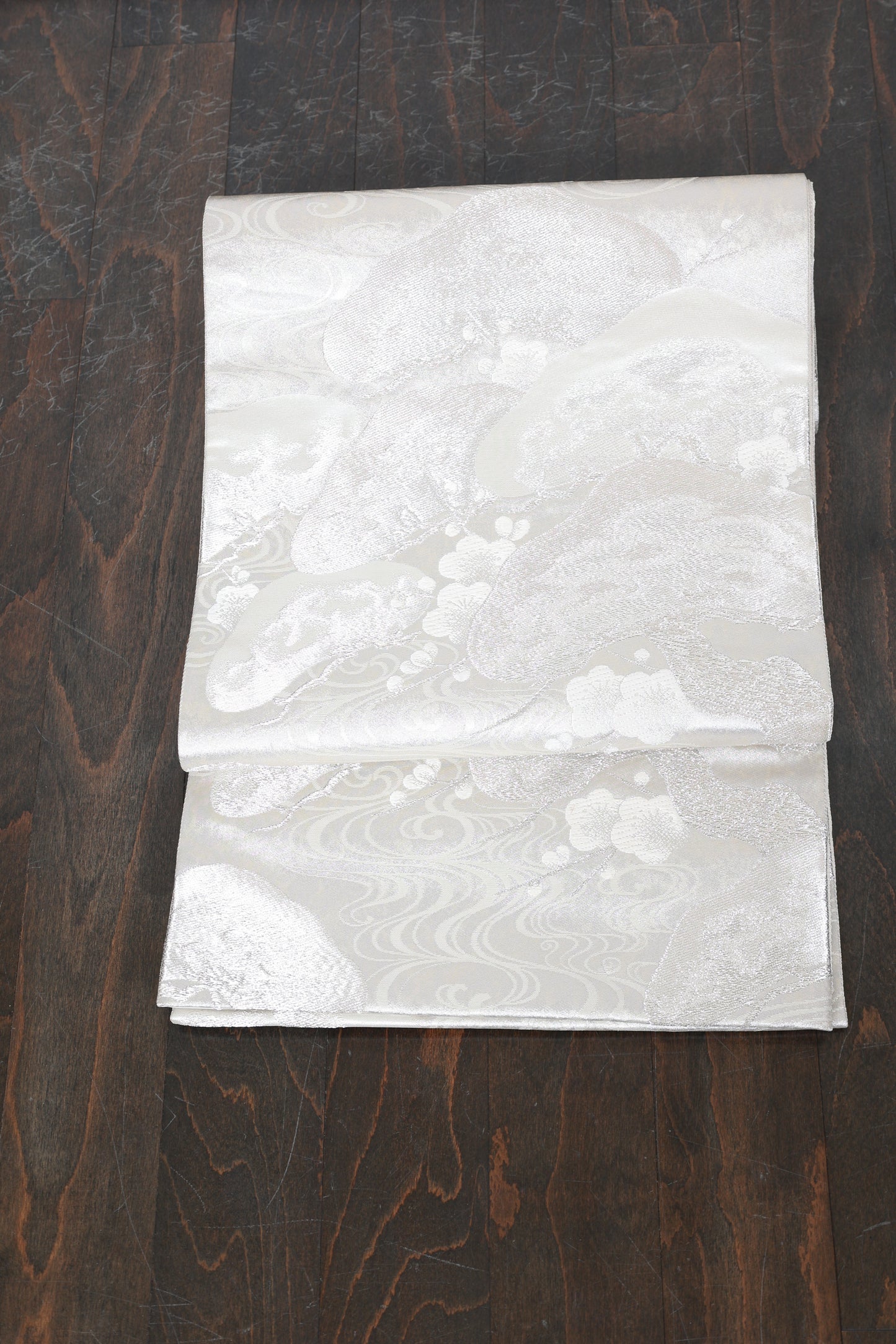 Fukuro obi (formal used sash), shades of silver, white, pine, plum, wave pattern, gold leaf, R120