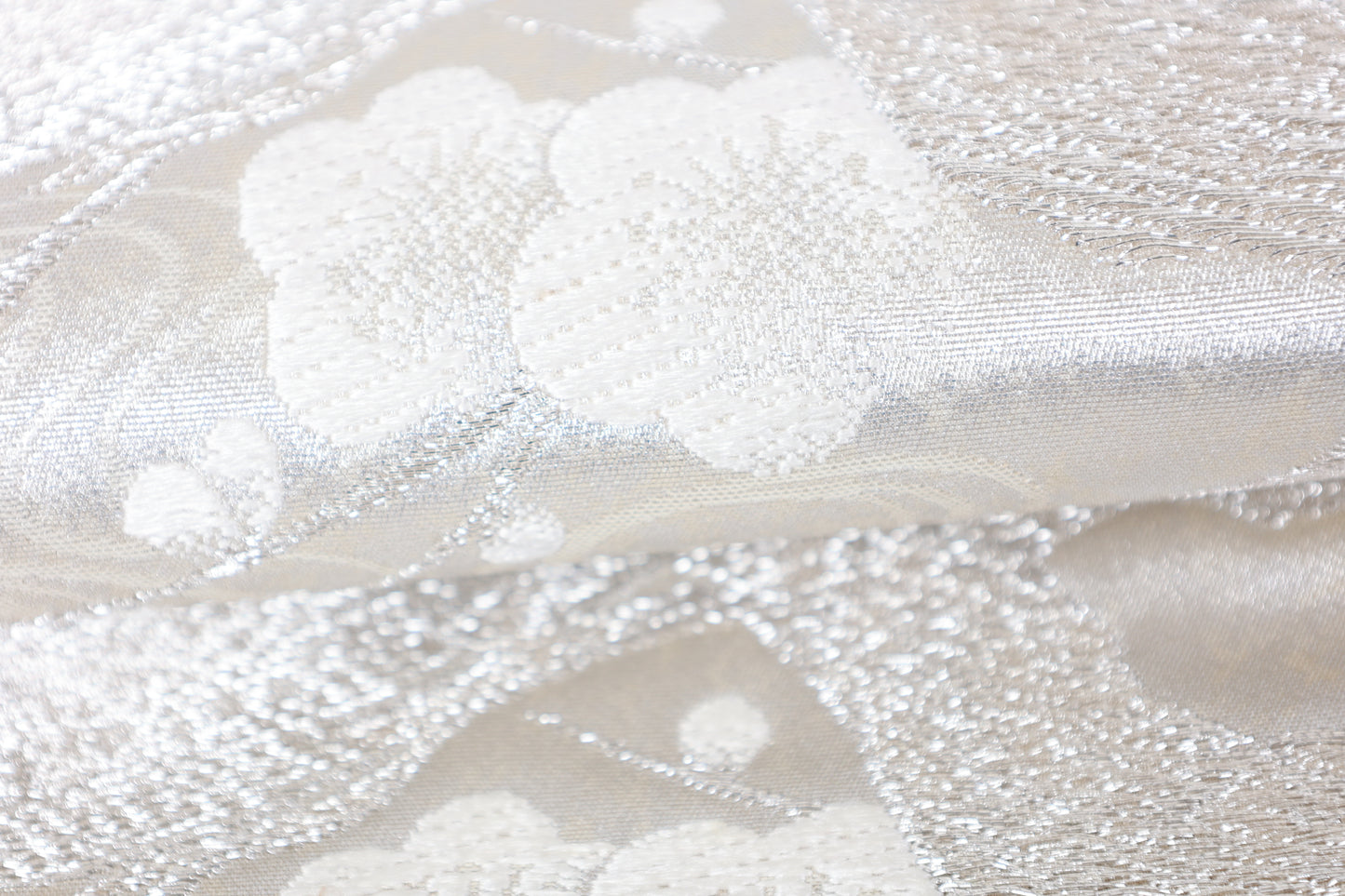 Fukuro obi (formal used sash), shades of silver, white, pine, plum, wave pattern, gold leaf, R120